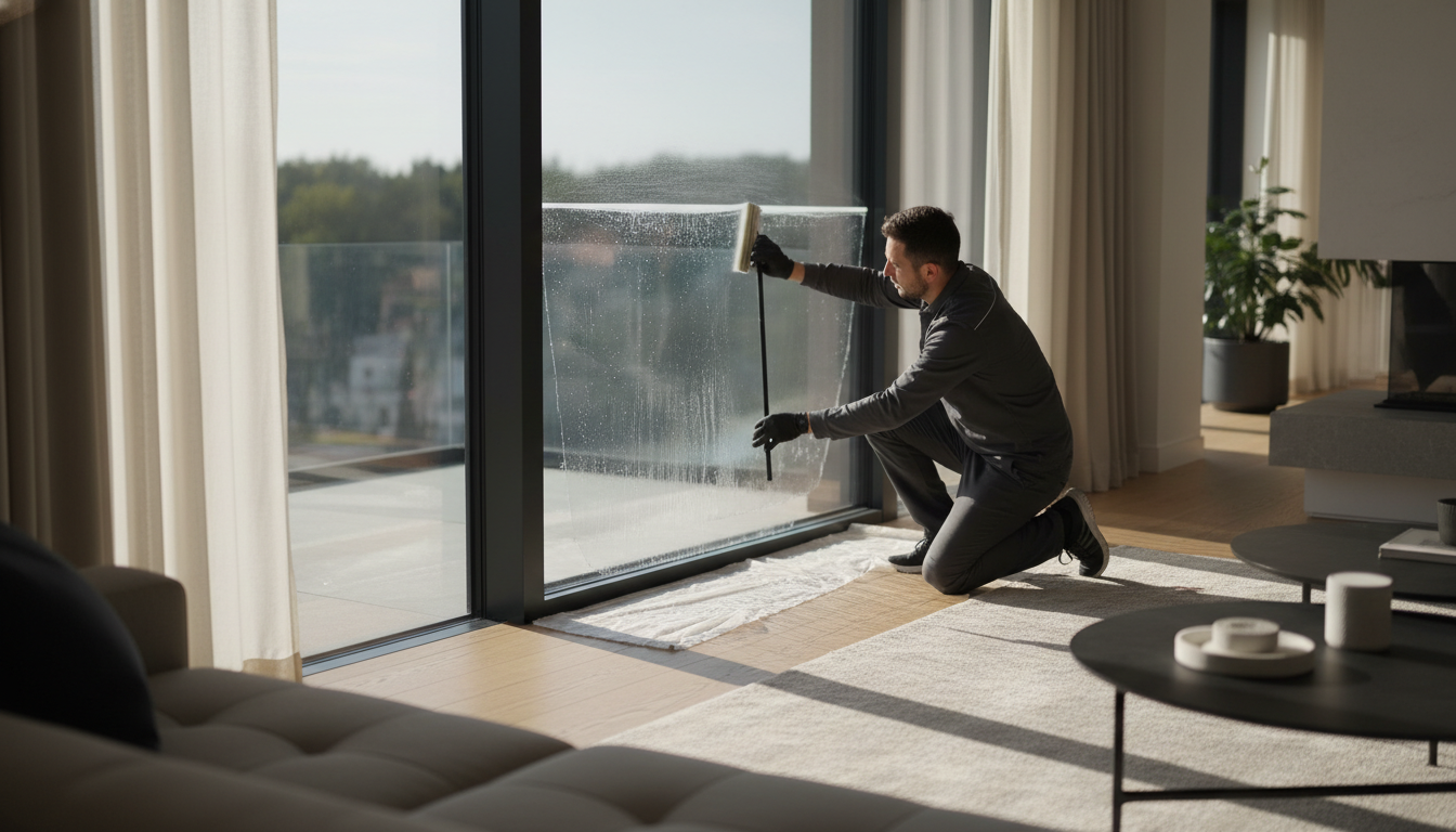Fortress technician installing protective window film on a large residential window