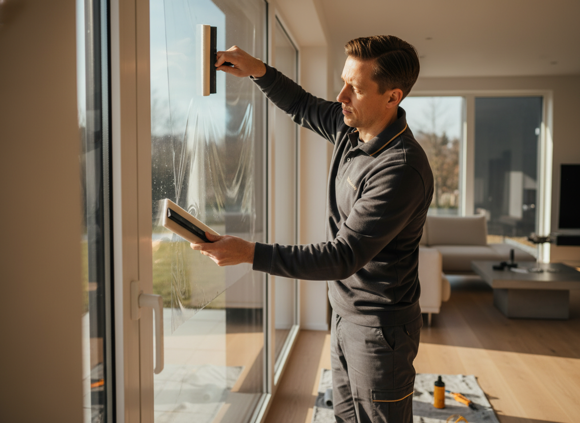 Fortress technician installing security film on a residential window